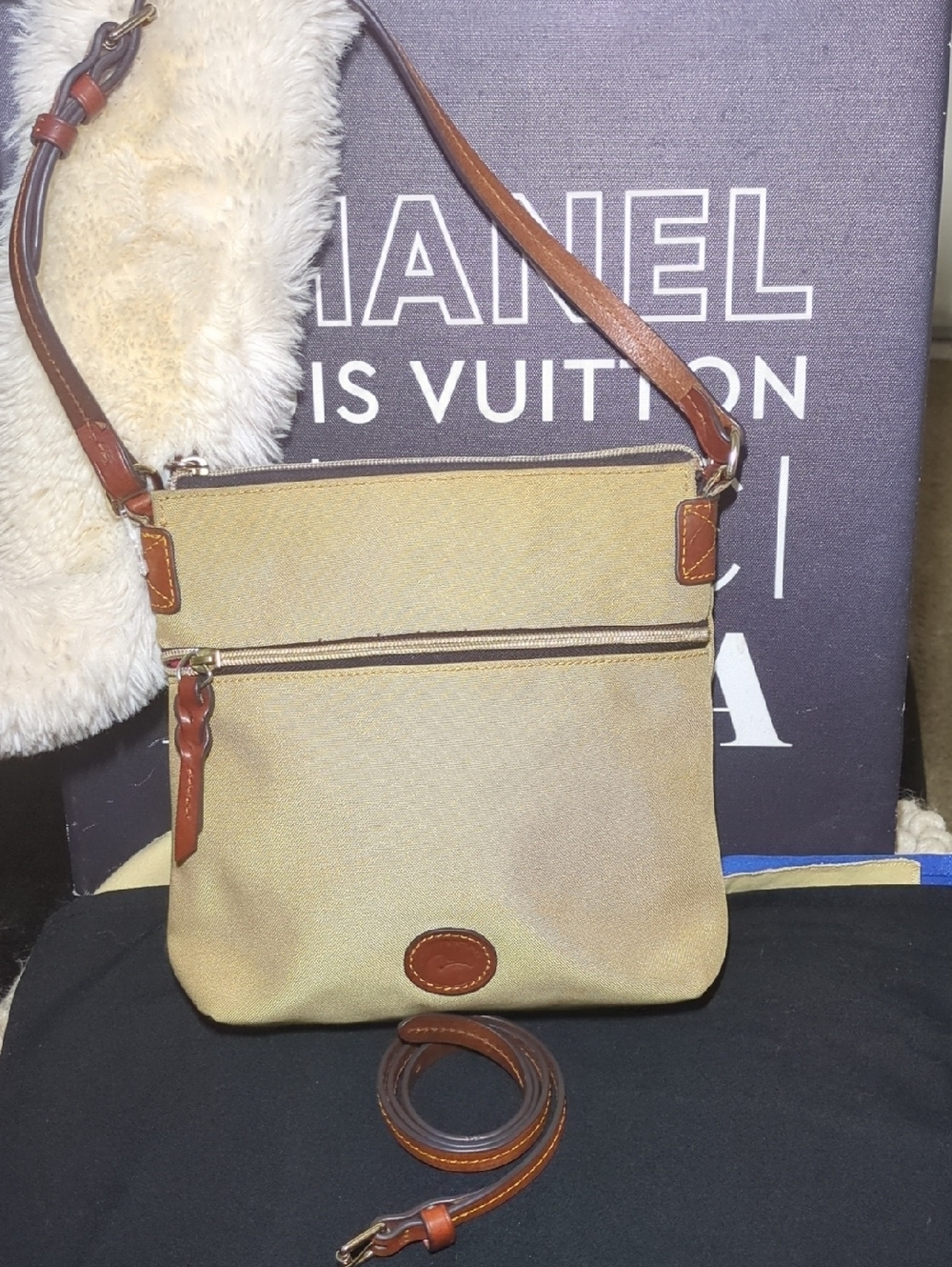 Dooney & Bourke Tan Canvas Crossbody with Brown Leather Trim NOW ONLY $75